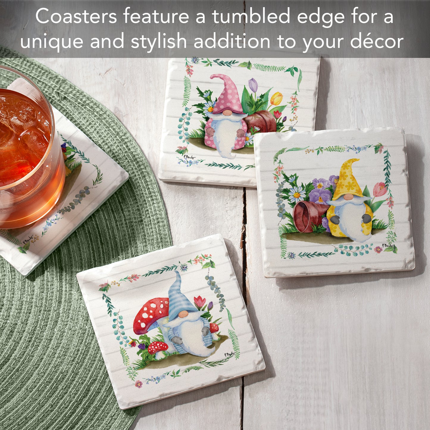 Thirstystone Spring Gnome 4 Pack Assorted Tumbled Tile Stone Coasters 4" Square