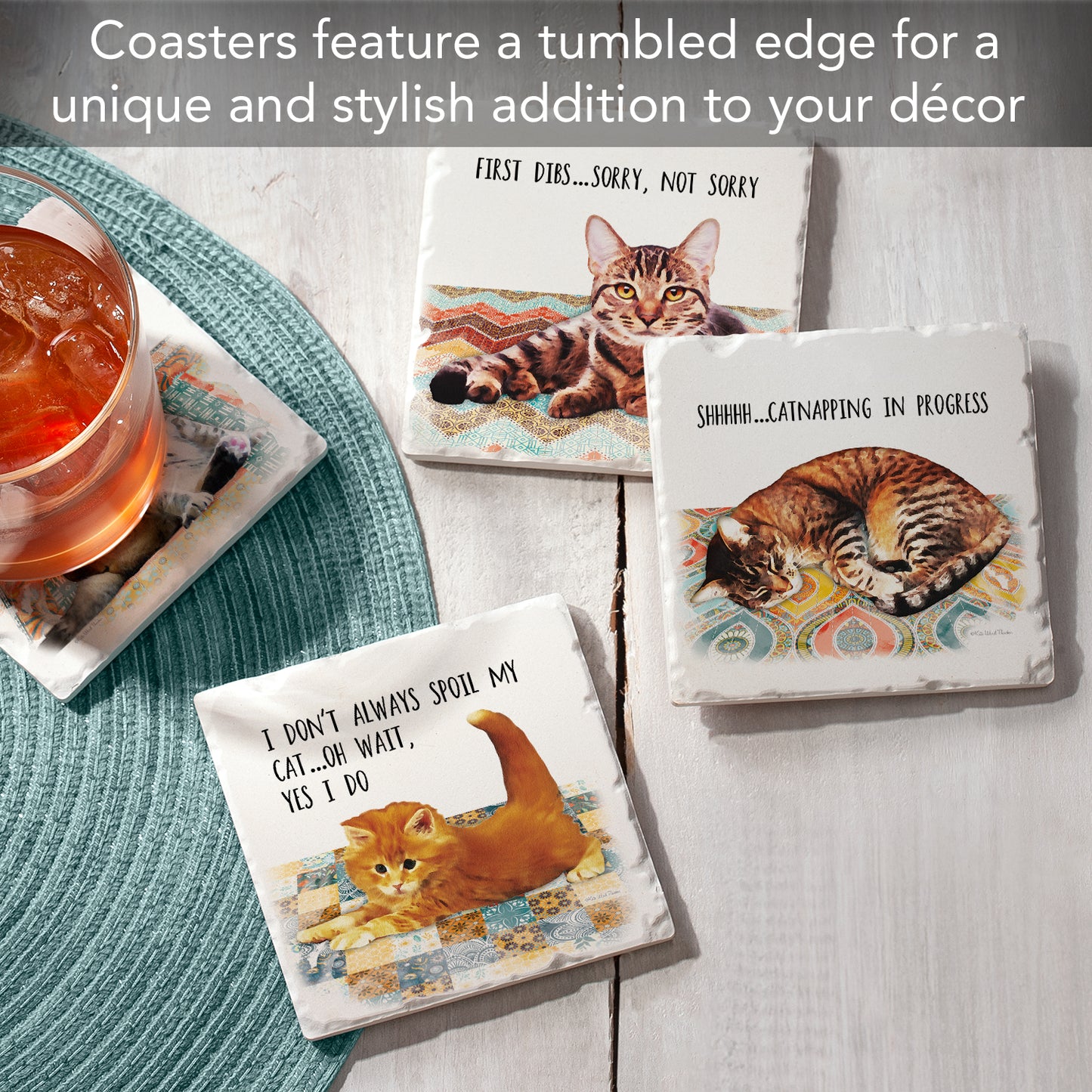 Thirstystone Cat Nappy 4-Pack Tumbled Tile Stone Coasters 4" Square