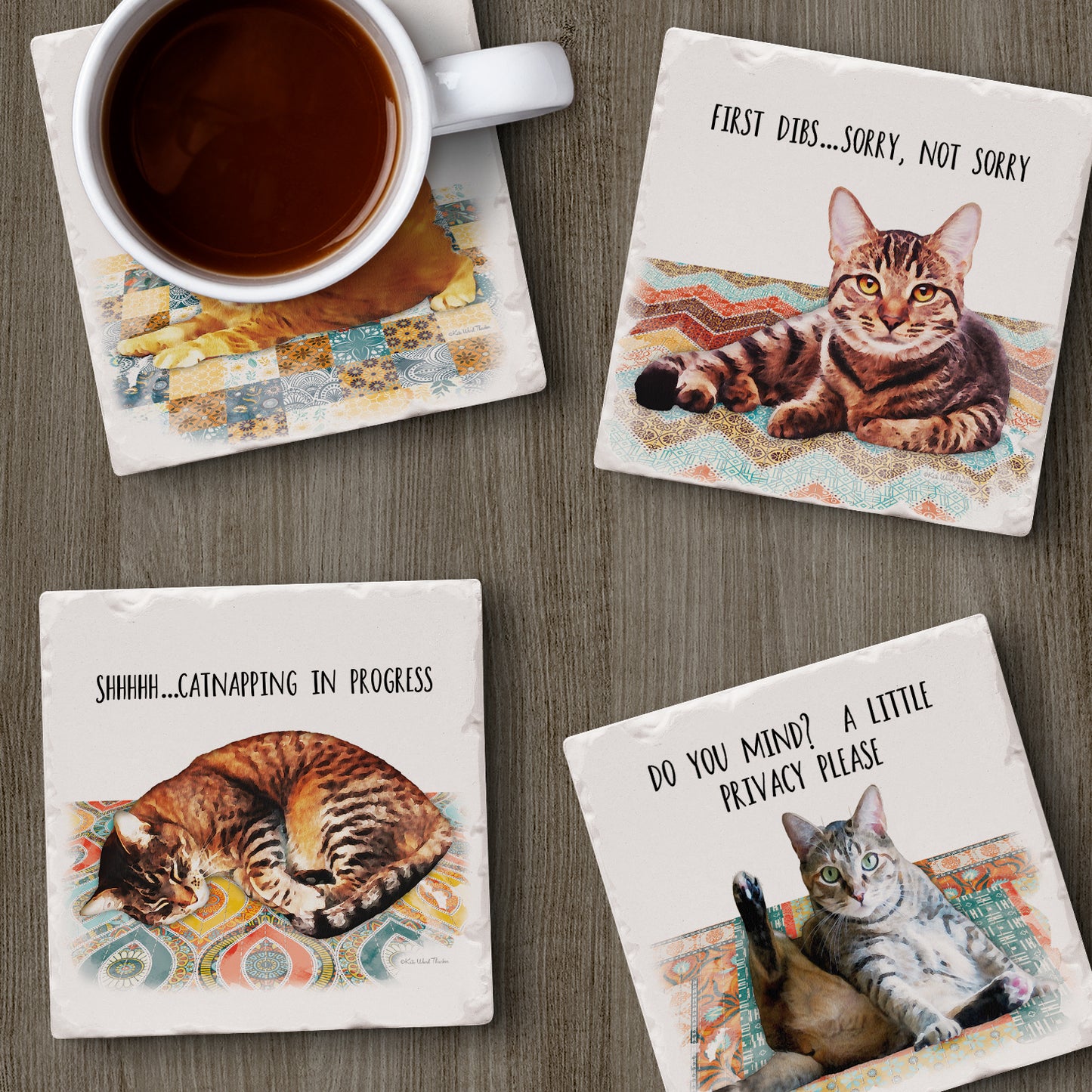 Thirstystone Cat Nappy 4-Pack Tumbled Tile Stone Coasters 4" Square