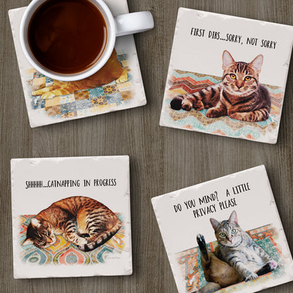 Thirstystone Cat Nappy 4-Pack Tumbled Tile Stone Coasters 4" Square