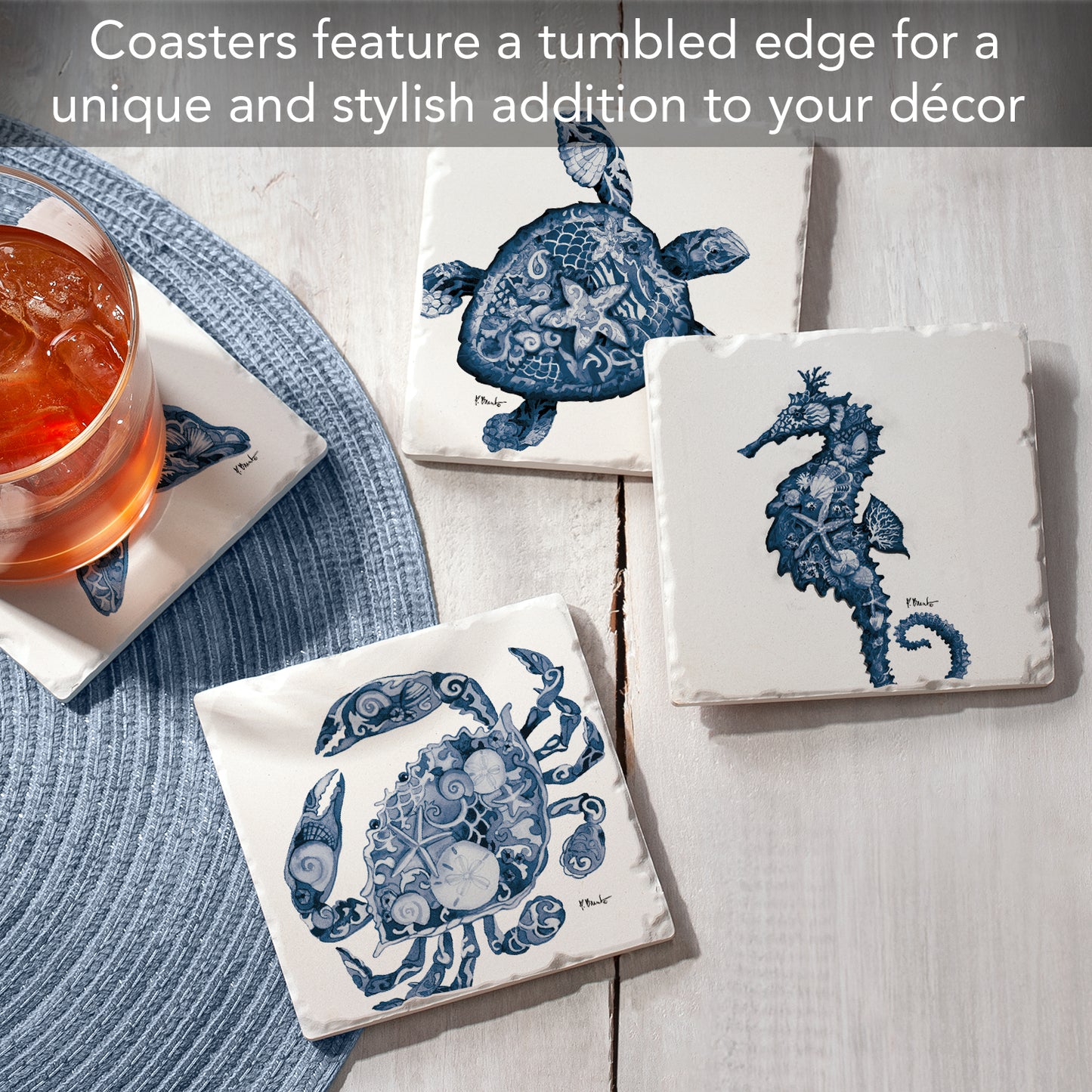 Thirstystone Nassau Sea Life 4-Pack Assorted Tumbled Tile Stone Coasters 4" Square