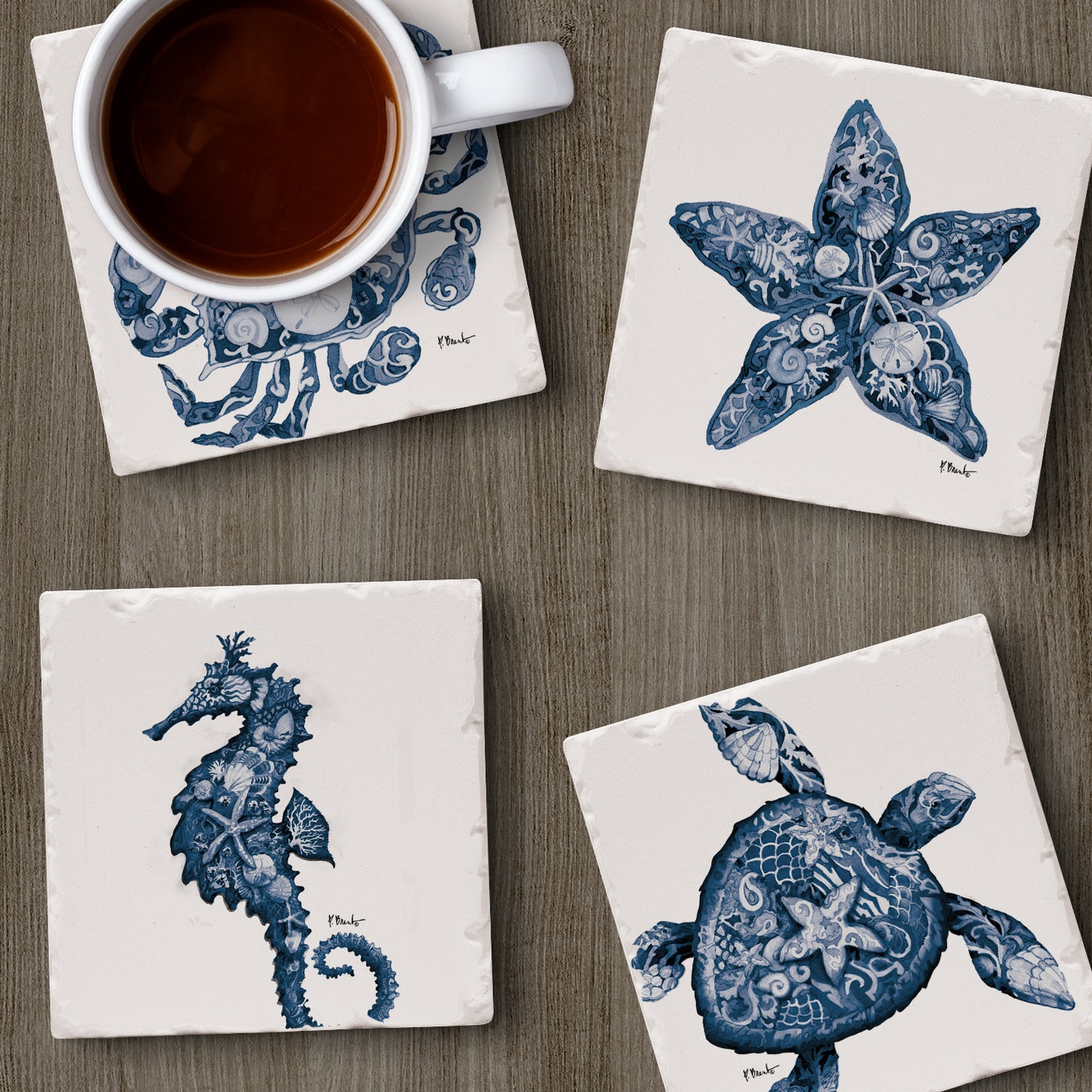 Thirstystone Nassau Sea Life 4-Pack Assorted Tumbled Tile Stone Coasters 4" Square