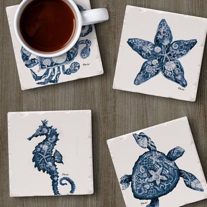 Thirstystone Nassau Sea Life 4-Pack Assorted Tumbled Tile Stone Coasters 4" Square