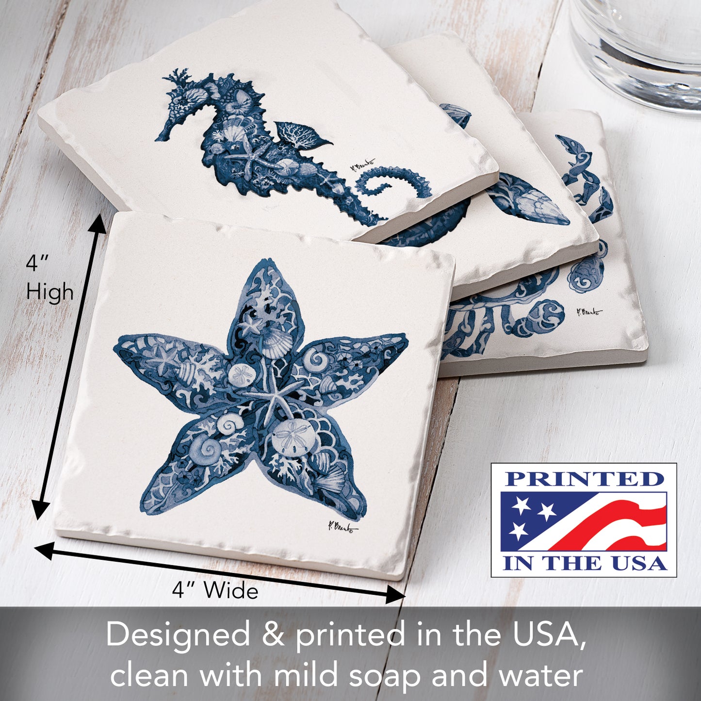 Thirstystone Nassau Sea Life 4-Pack Assorted Tumbled Tile Stone Coasters 4" Square
