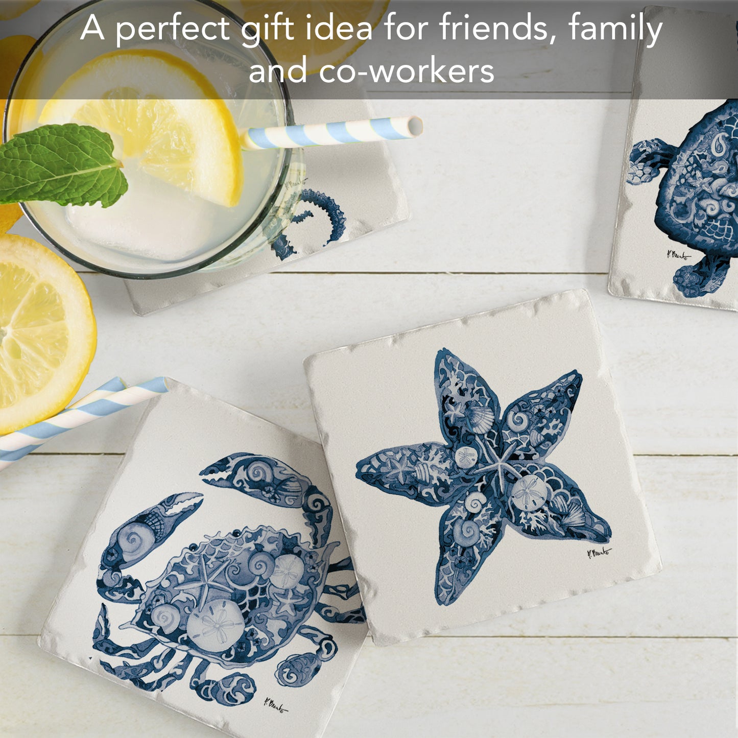 Thirstystone Nassau Sea Life 4-Pack Assorted Tumbled Tile Stone Coasters 4" Square
