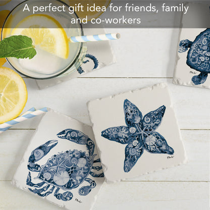 Thirstystone Nassau Sea Life 4-Pack Assorted Tumbled Tile Stone Coasters 4" Square