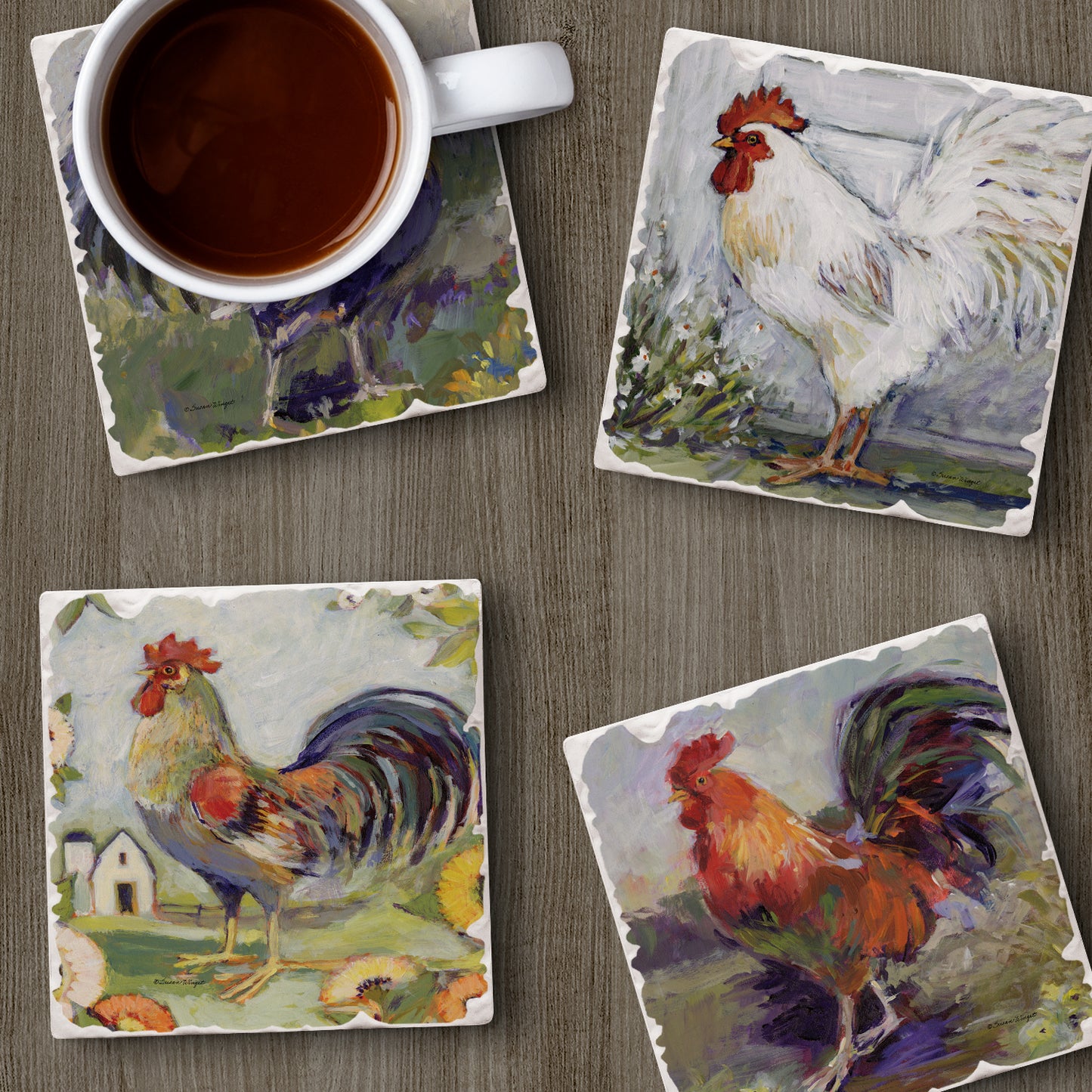 Thirstystone Meadowbrook Roosters 4-Pack Tumbled Tile Stone Coasters 4" Square