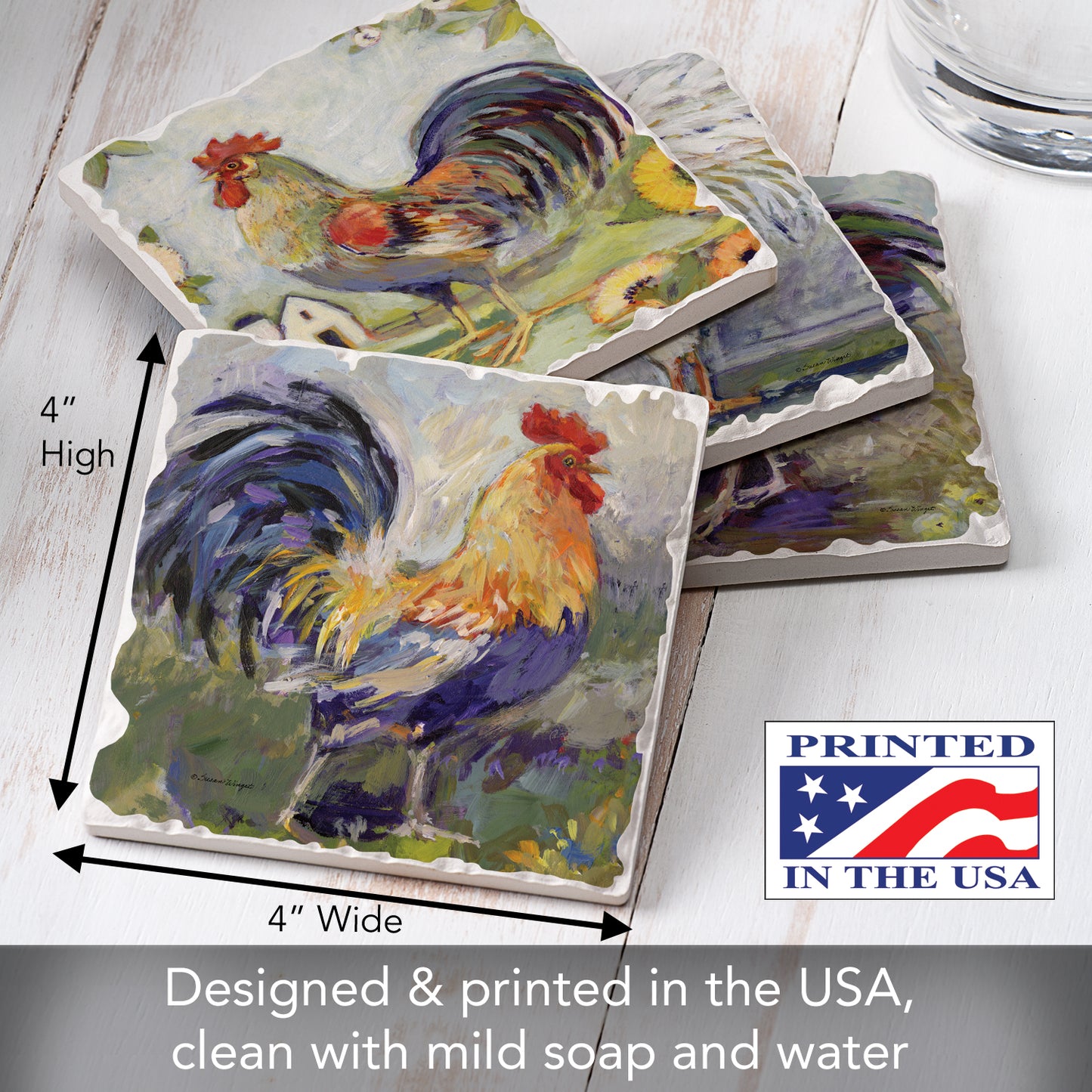 Thirstystone Meadowbrook Roosters 4-Pack Tumbled Tile Stone Coasters 4" Square
