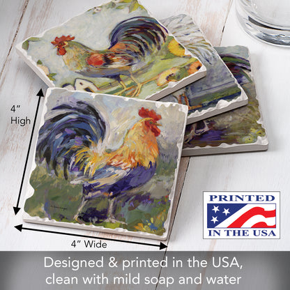 Thirstystone Meadowbrook Roosters 4-Pack Tumbled Tile Stone Coasters 4" Square