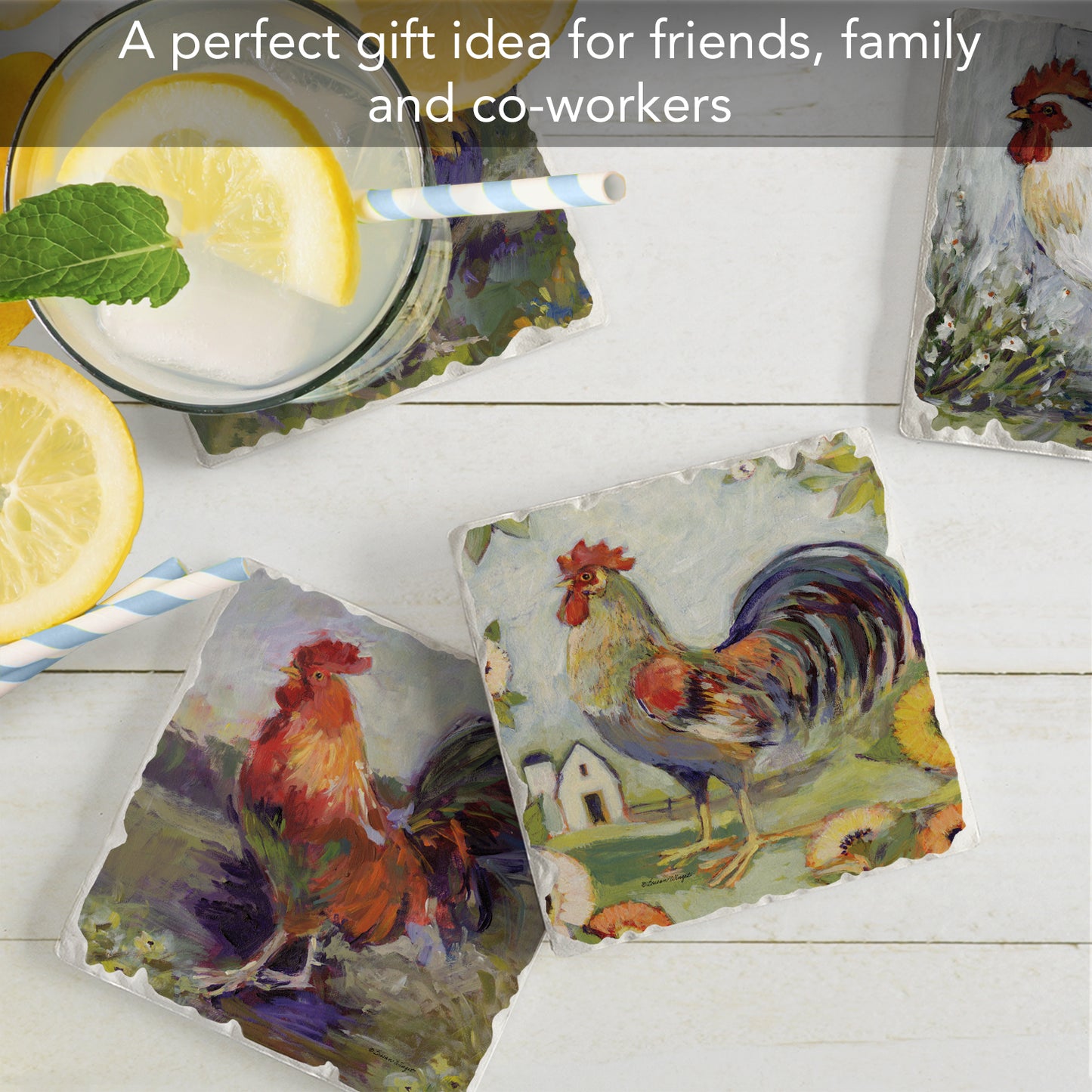 Thirstystone Meadowbrook Roosters 4-Pack Tumbled Tile Stone Coasters 4" Square