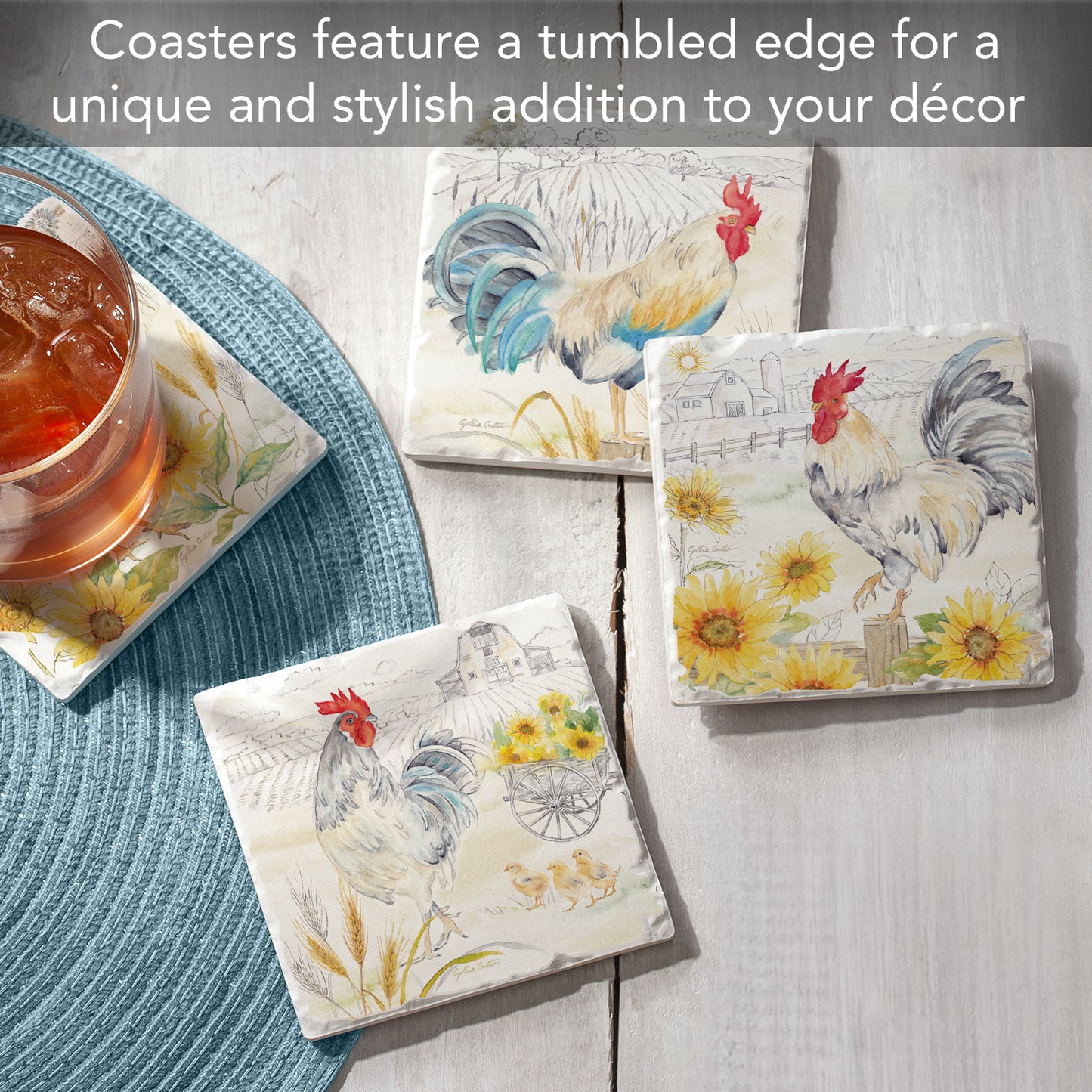 Thirstystone Rise & Shine Roosters 4 Pack Assorted Tumbled Tile Stone Coasters 4" Square