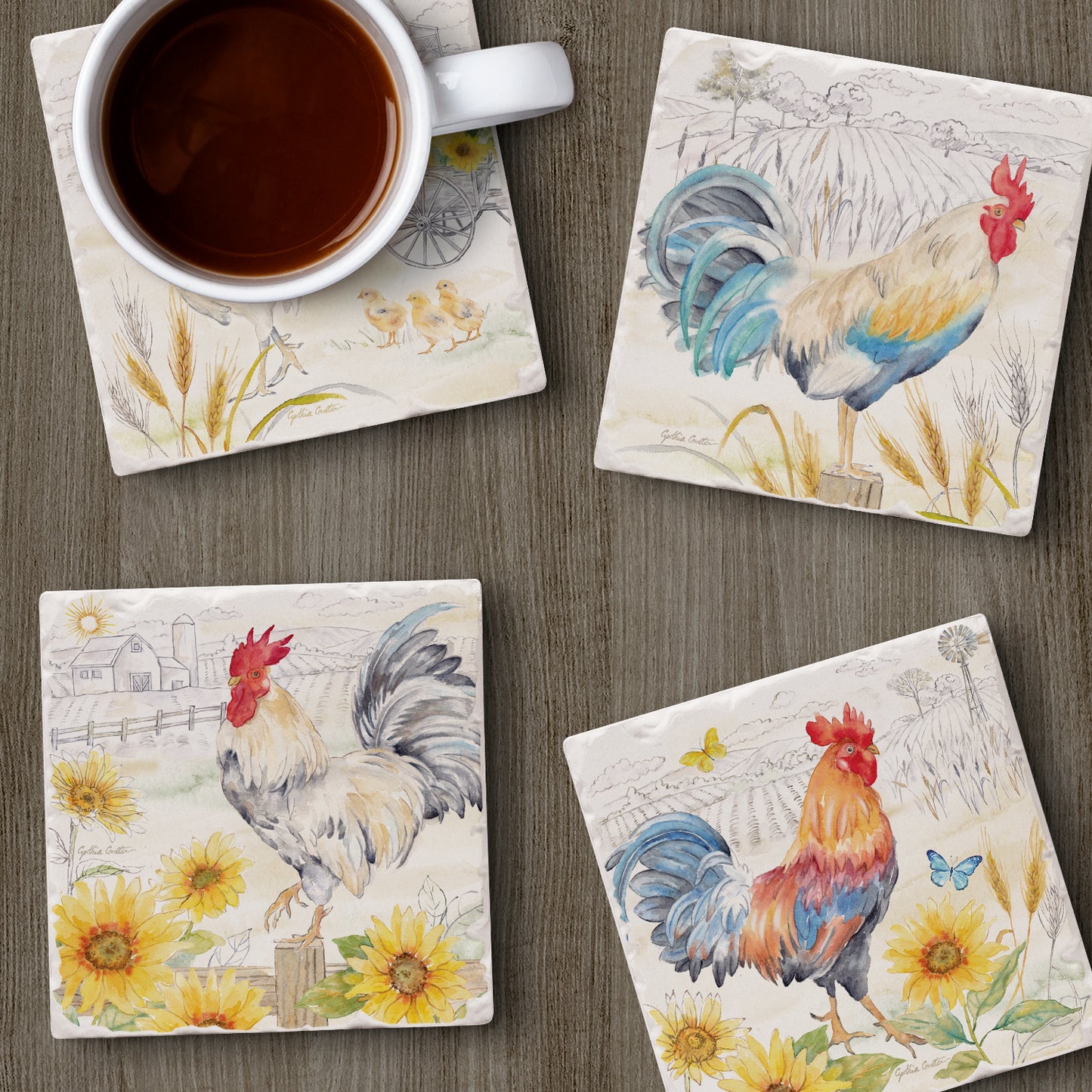 Thirstystone Rise & Shine Roosters 4 Pack Assorted Tumbled Tile Stone Coasters 4" Square