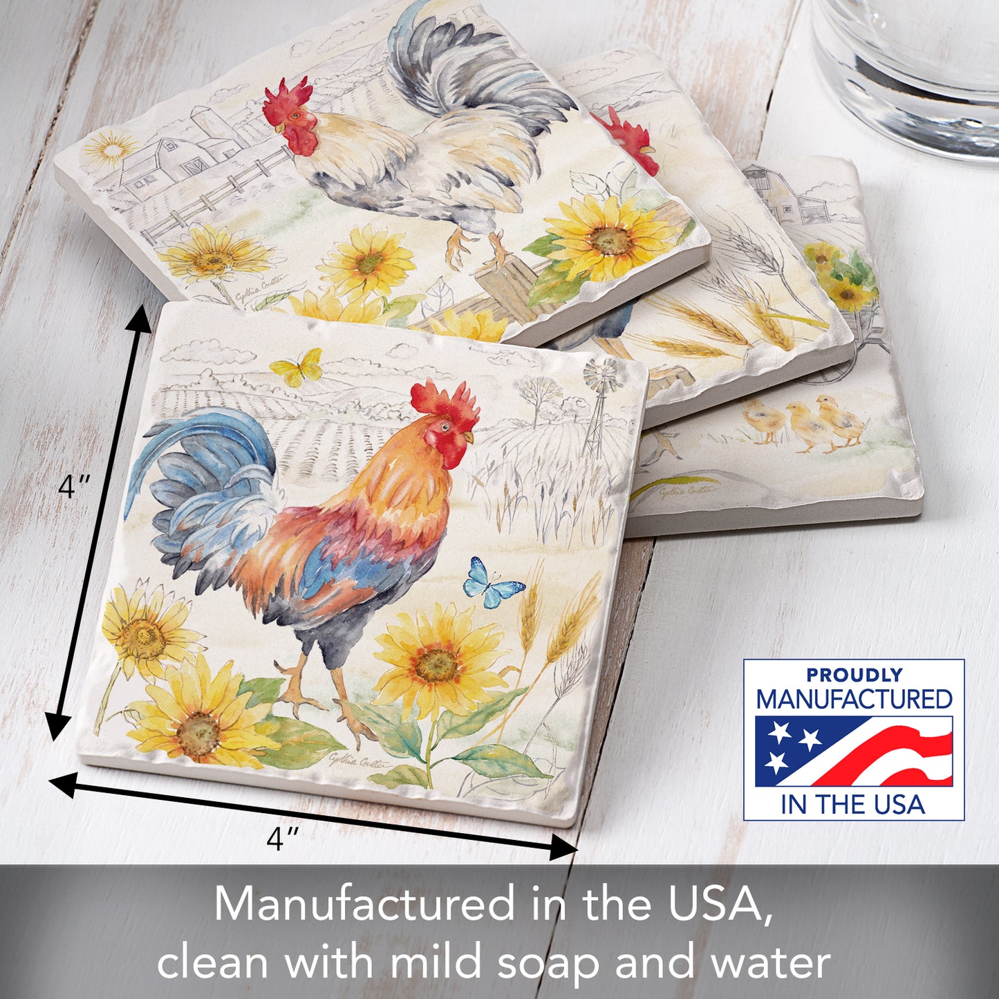 Thirstystone Rise & Shine Roosters 4 Pack Assorted Tumbled Tile Stone Coasters 4" Square