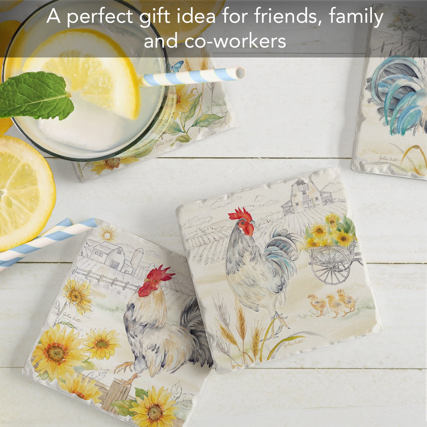 Thirstystone Rise & Shine Roosters 4 Pack Assorted Tumbled Tile Stone Coasters 4" Square