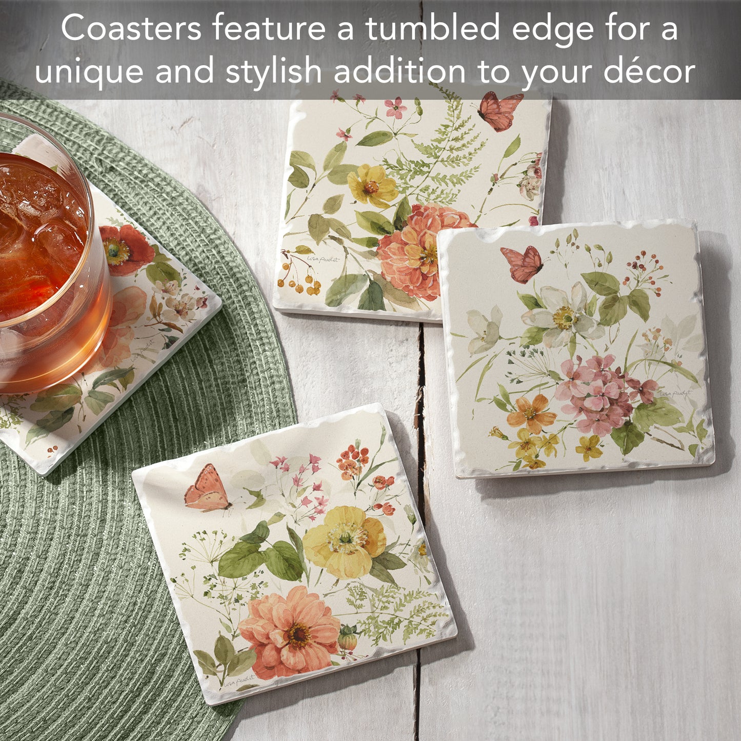 Thirstystone Blessed by Nature 4 Pack Assorted Tumbled Tile Stone Coasters 4" Square