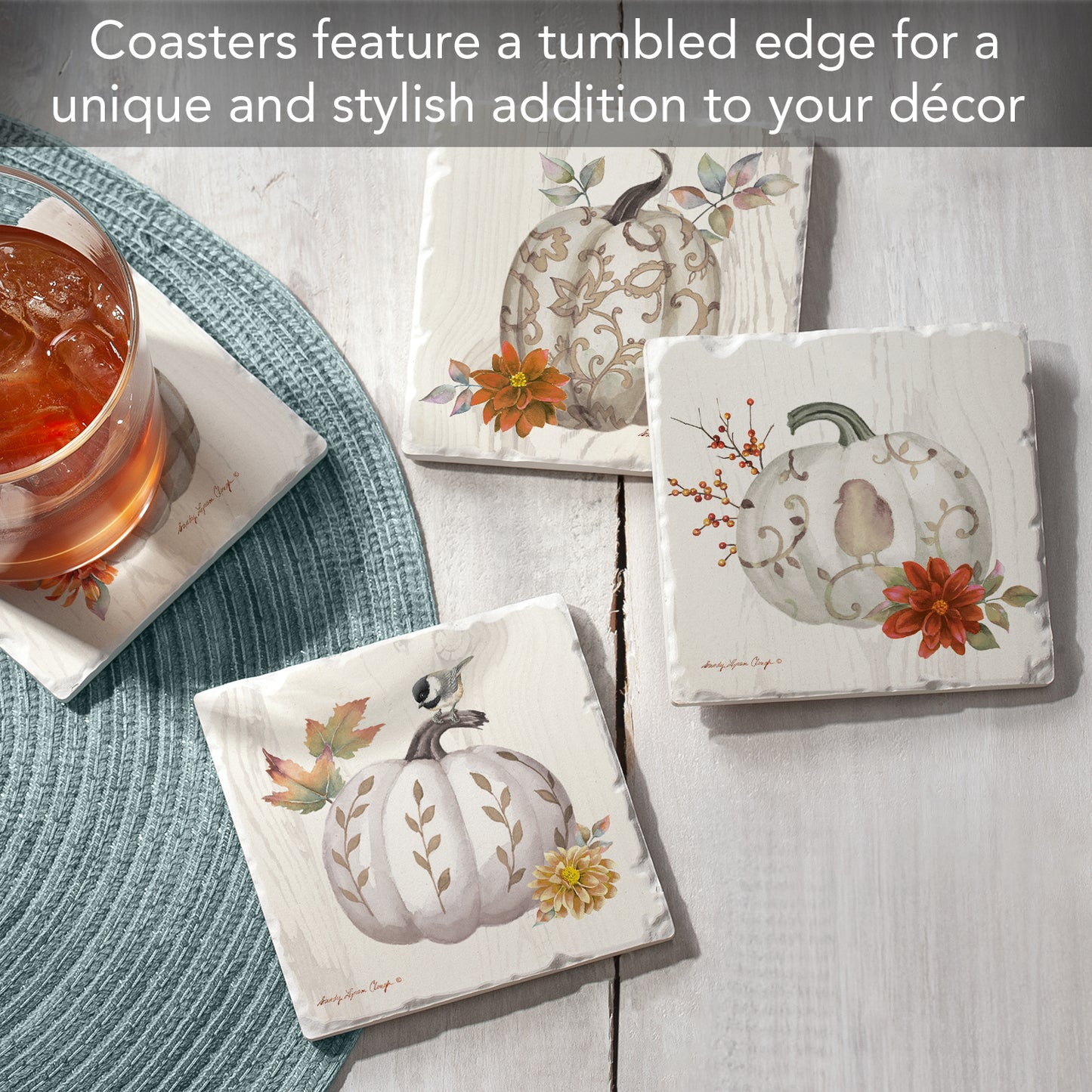Thirstystone Fall Pumpkins 4 Pack Assorted Tumbled Tile Stone Coasters 4" Square