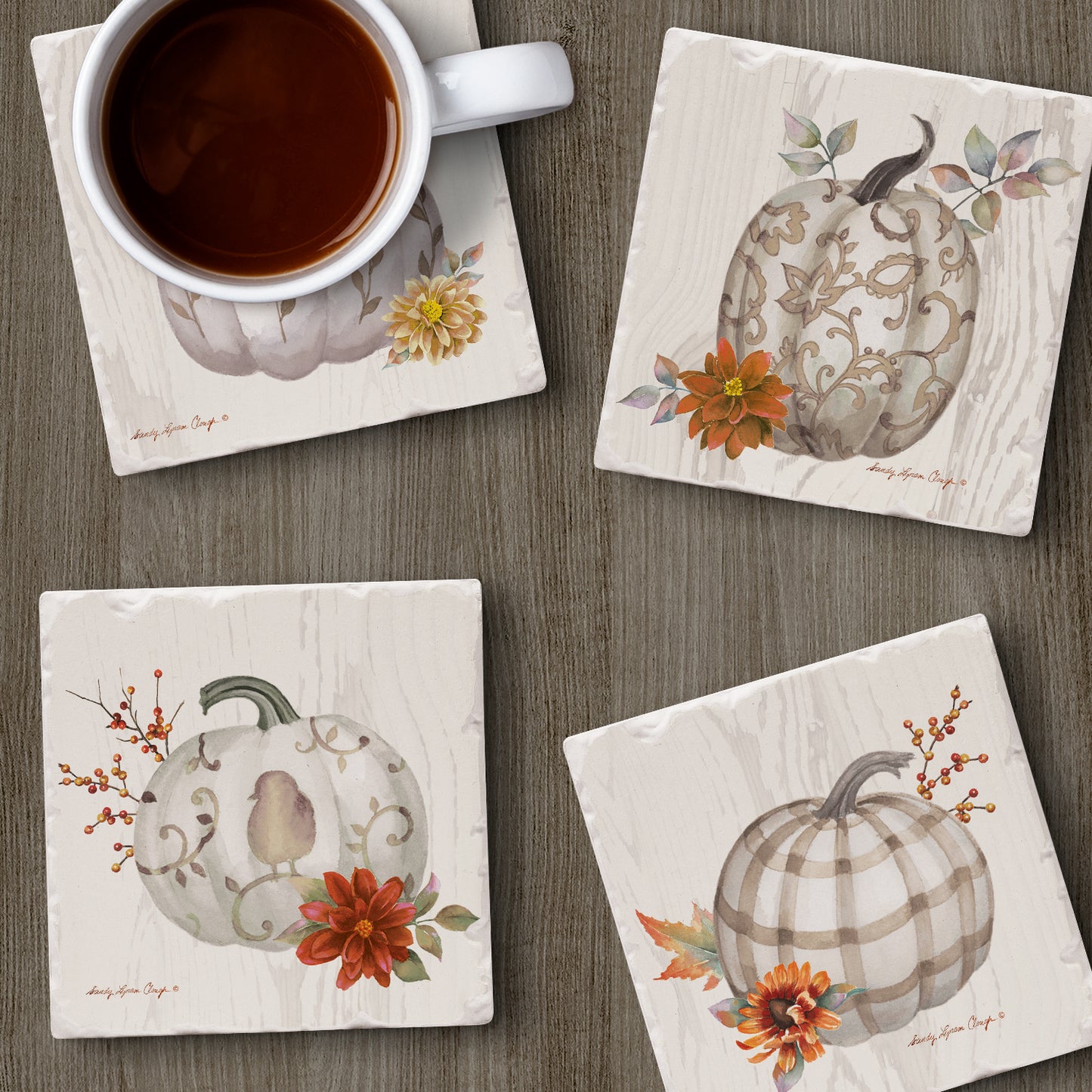 Thirstystone Fall Pumpkins 4 Pack Assorted Tumbled Tile Stone Coasters 4" Square