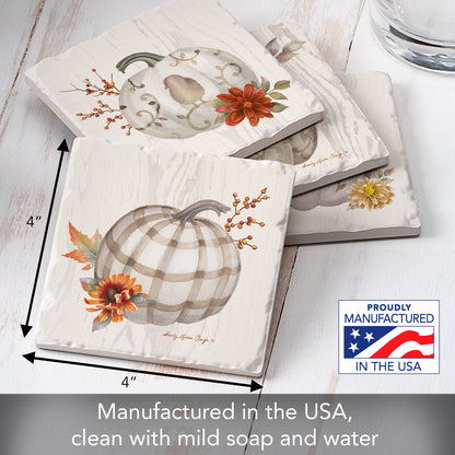 Thirstystone Fall Pumpkins 4 Pack Assorted Tumbled Tile Stone Coasters 4" Square