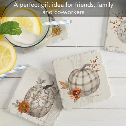 Thirstystone Fall Pumpkins 4 Pack Assorted Tumbled Tile Stone Coasters 4" Square