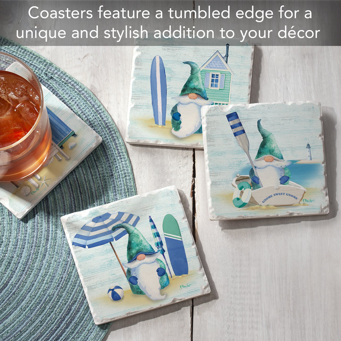 Thirstystone Coastal Gnomes 4 Pack Assorted Tumbled Tile Stone Coasters4" Square