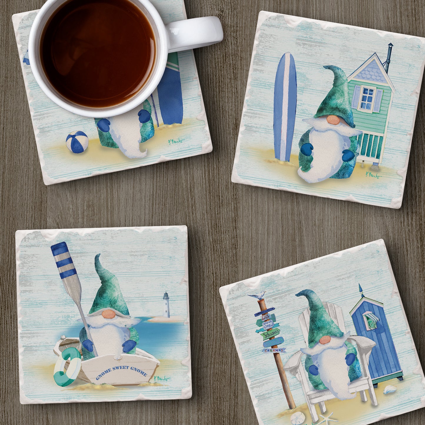 Thirstystone Coastal Gnomes 4 Pack Assorted Tumbled Tile Stone Coasters4" Square