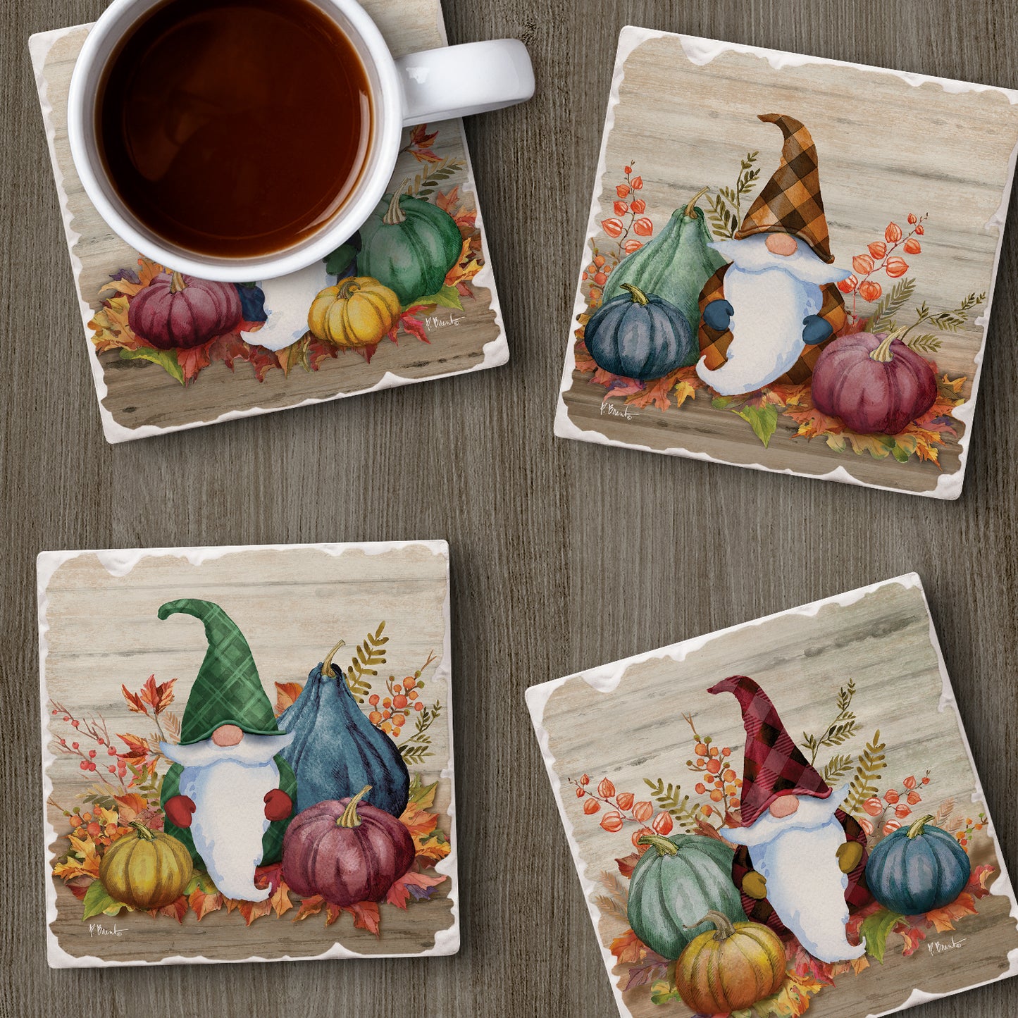 Thirstystone Autumn Gnomes 4 Pack Assorted Tumbled Tile Stone Coasters 4" Square