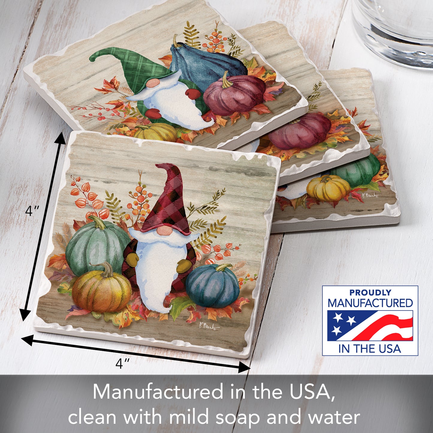 Thirstystone Autumn Gnomes 4 Pack Assorted Tumbled Tile Stone Coasters 4" Square
