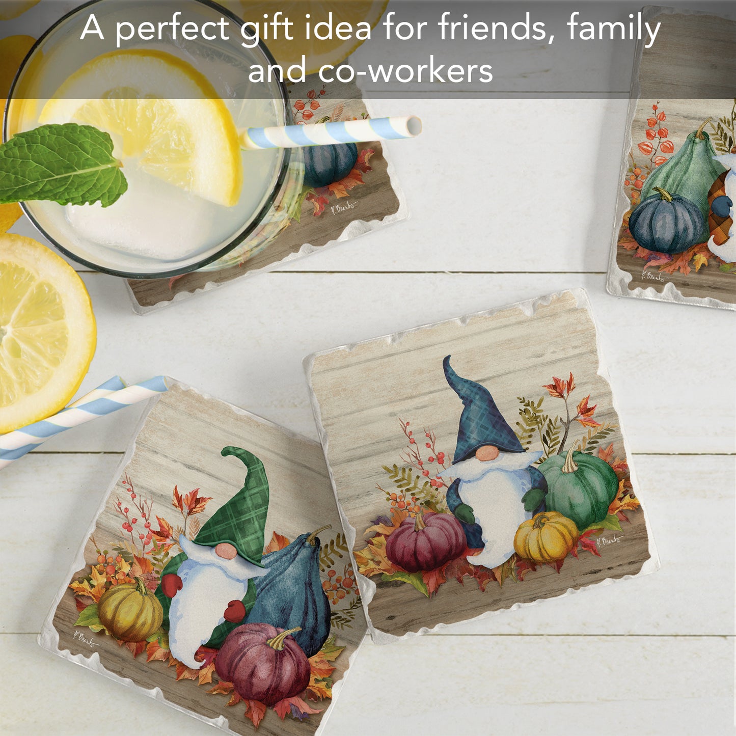 Thirstystone Autumn Gnomes 4 Pack Assorted Tumbled Tile Stone Coasters 4" Square