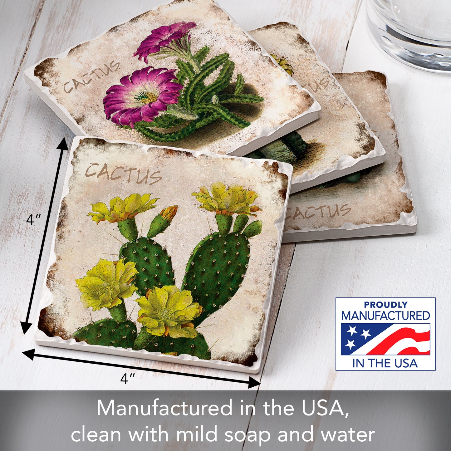 Thirstystone Cactus Flowers 4 Pack Assorted Tumbled Tile Stone Coasters 4" Square