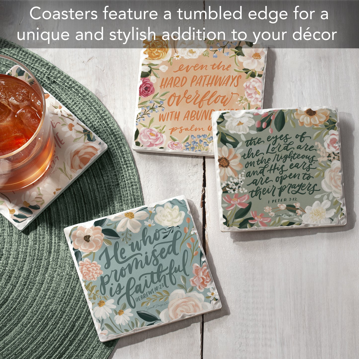 Thirstystone Lovely Scriptures 4 Pack Assorted Tumbled Tile Stone Coasters 4" Square