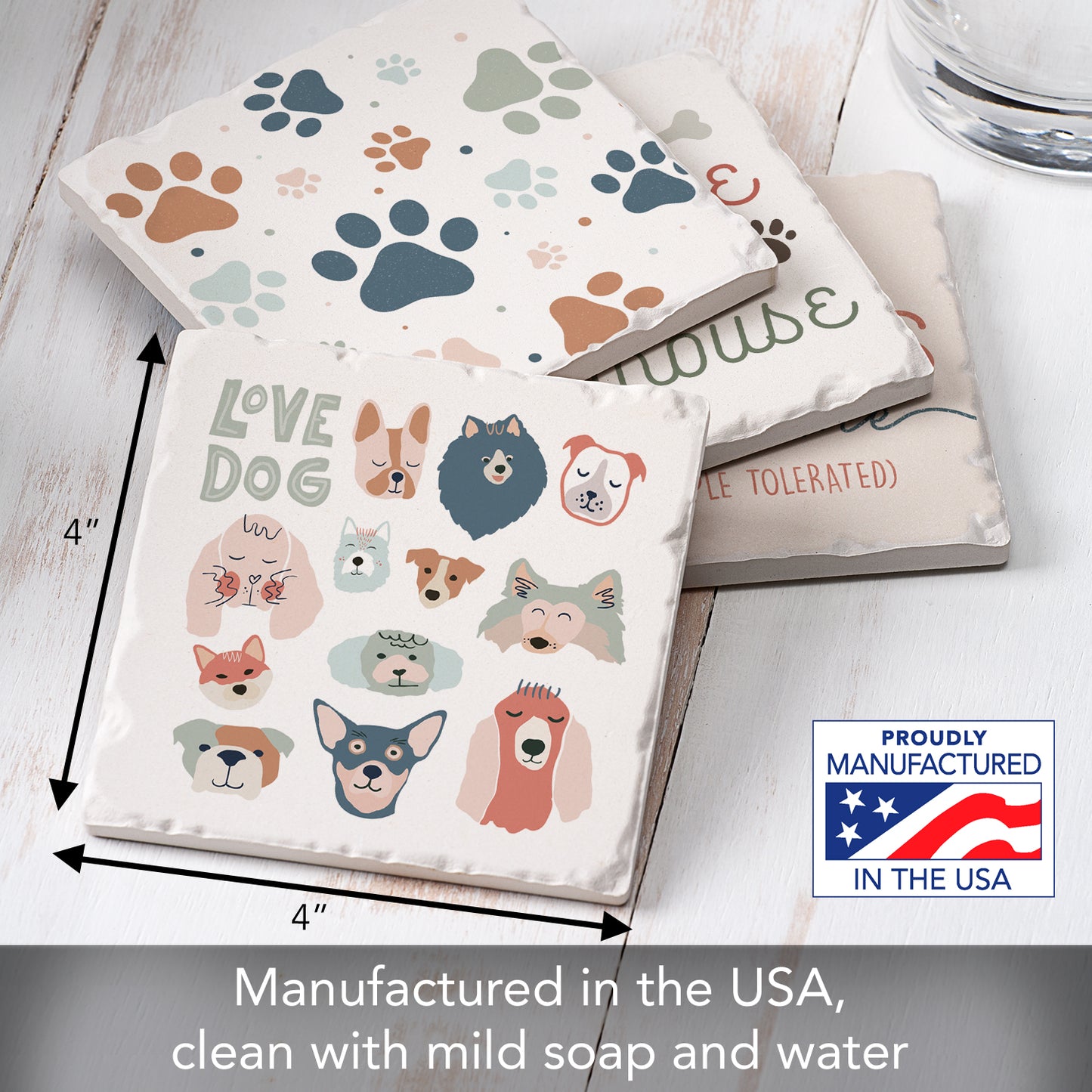 Thirstystone Dogs Welcome 4-Pack Tumbled Tile Stone Coasters 4" Square