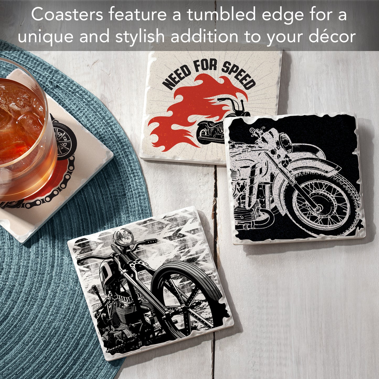 Thirstystone Motorcycles 4-Pack Tumbled Tile Stone Coasters 4" Square