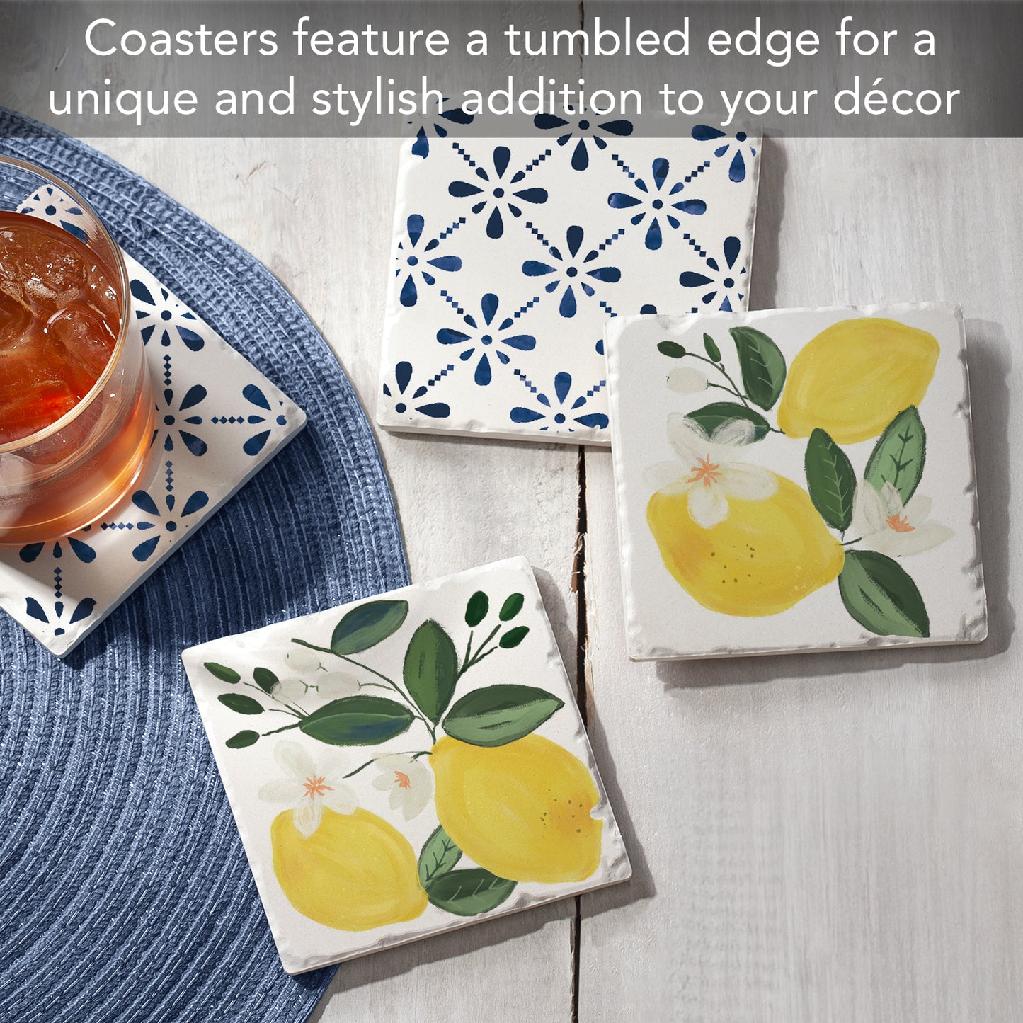 Thirstystone Sorrento Lemons 4-Pack Tumbled Tile Stone Coasters 4" Square