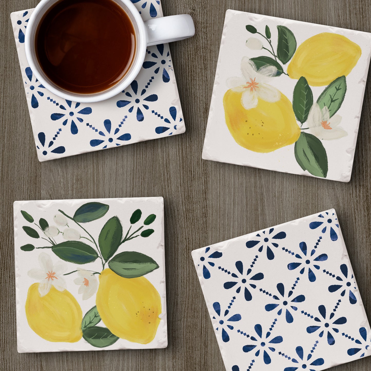 Thirstystone Sorrento Lemons 4-Pack Tumbled Tile Stone Coasters 4" Square