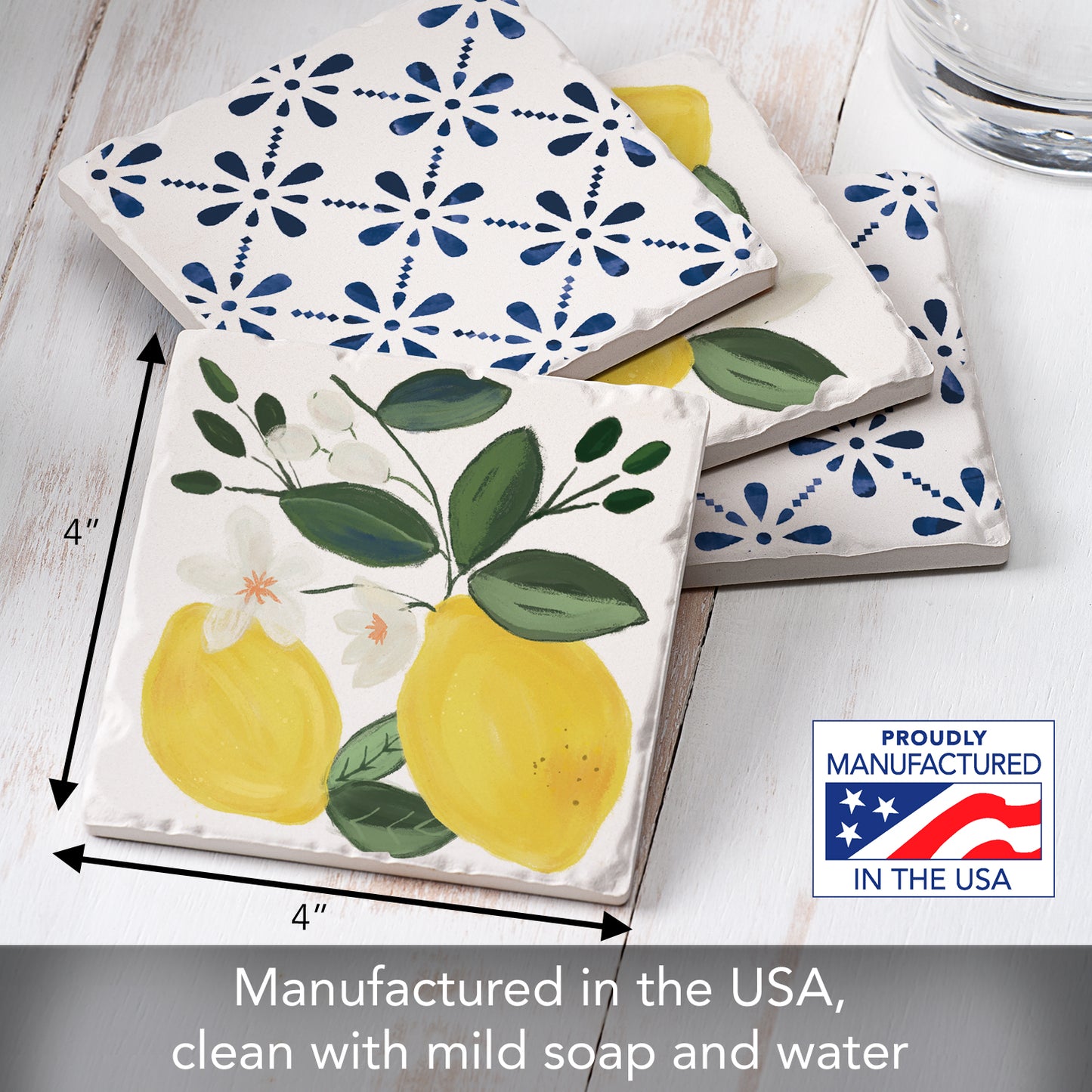 Thirstystone Sorrento Lemons 4-Pack Tumbled Tile Stone Coasters 4" Square