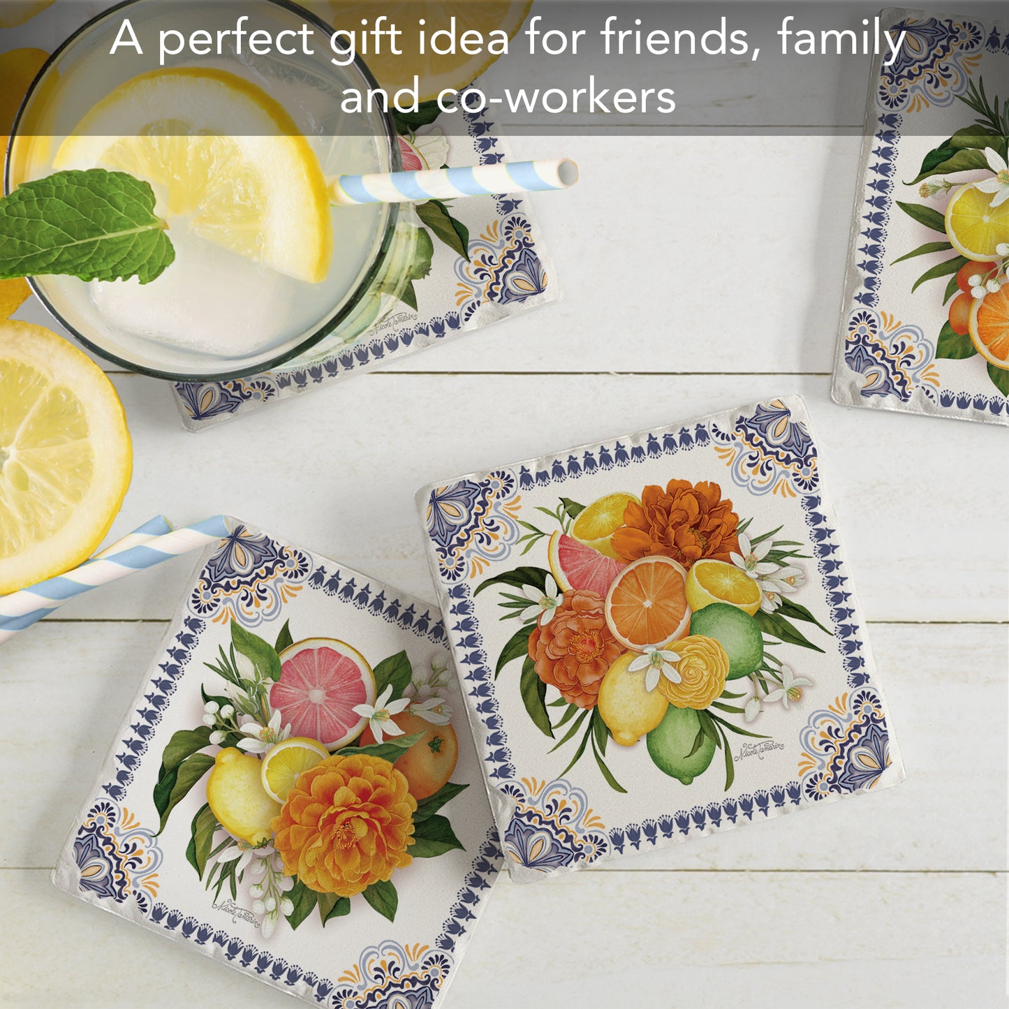 Thirstystone Mediterranean Citrus 4-Pack Tumbled Tile Stone Coasters 4" Square