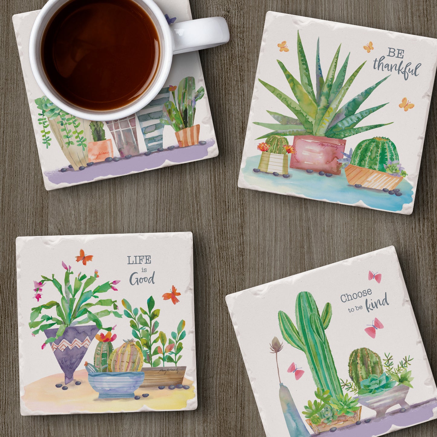 Thirstystone Desert Flora 4-Pack Tumbled Tile Stone Coasters 4" Square