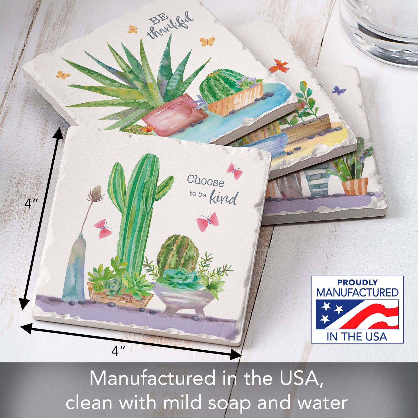 Thirstystone Desert Flora 4-Pack Tumbled Tile Stone Coasters 4" Square