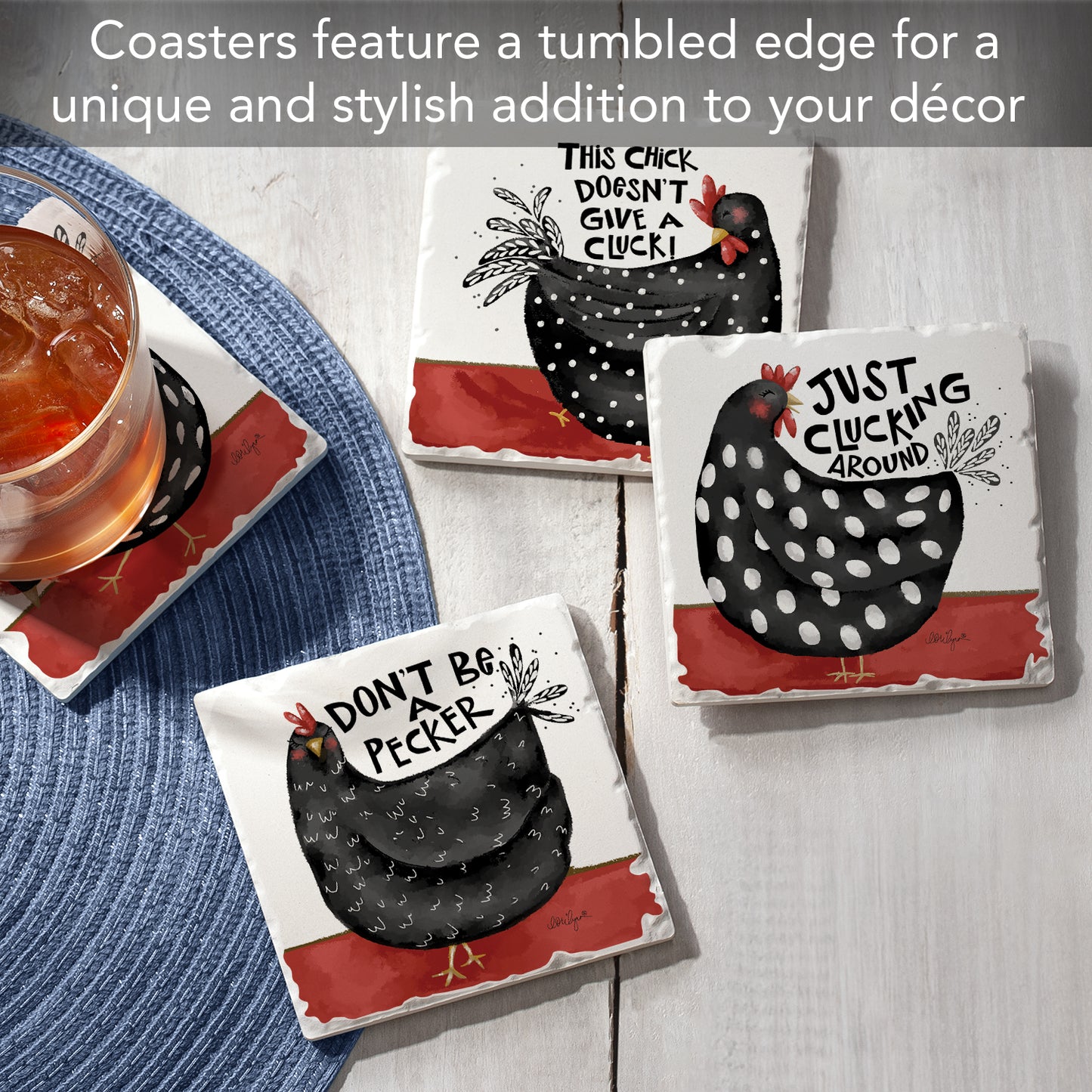 Thirstystone Sassy Chicks 4-Pack Tumbled Tile Stone Coasters 4" Square