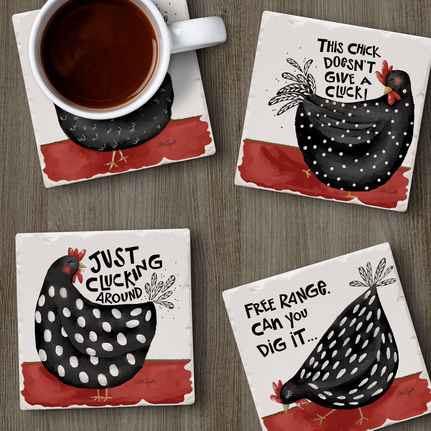 Thirstystone Sassy Chicks 4-Pack Tumbled Tile Stone Coasters 4" Square