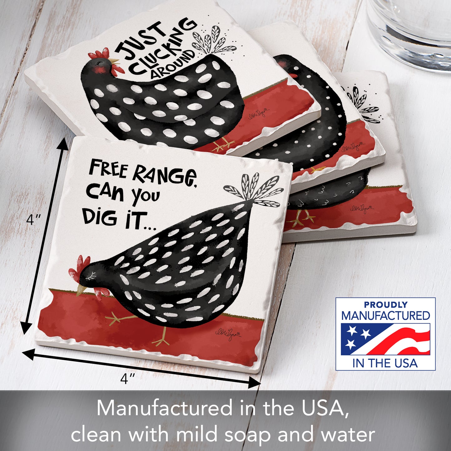 Thirstystone Sassy Chicks 4-Pack Tumbled Tile Stone Coasters 4" Square