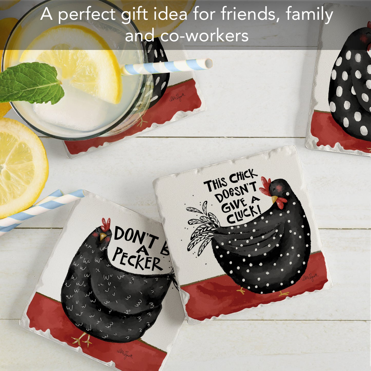 Thirstystone Sassy Chicks 4-Pack Tumbled Tile Stone Coasters 4" Square
