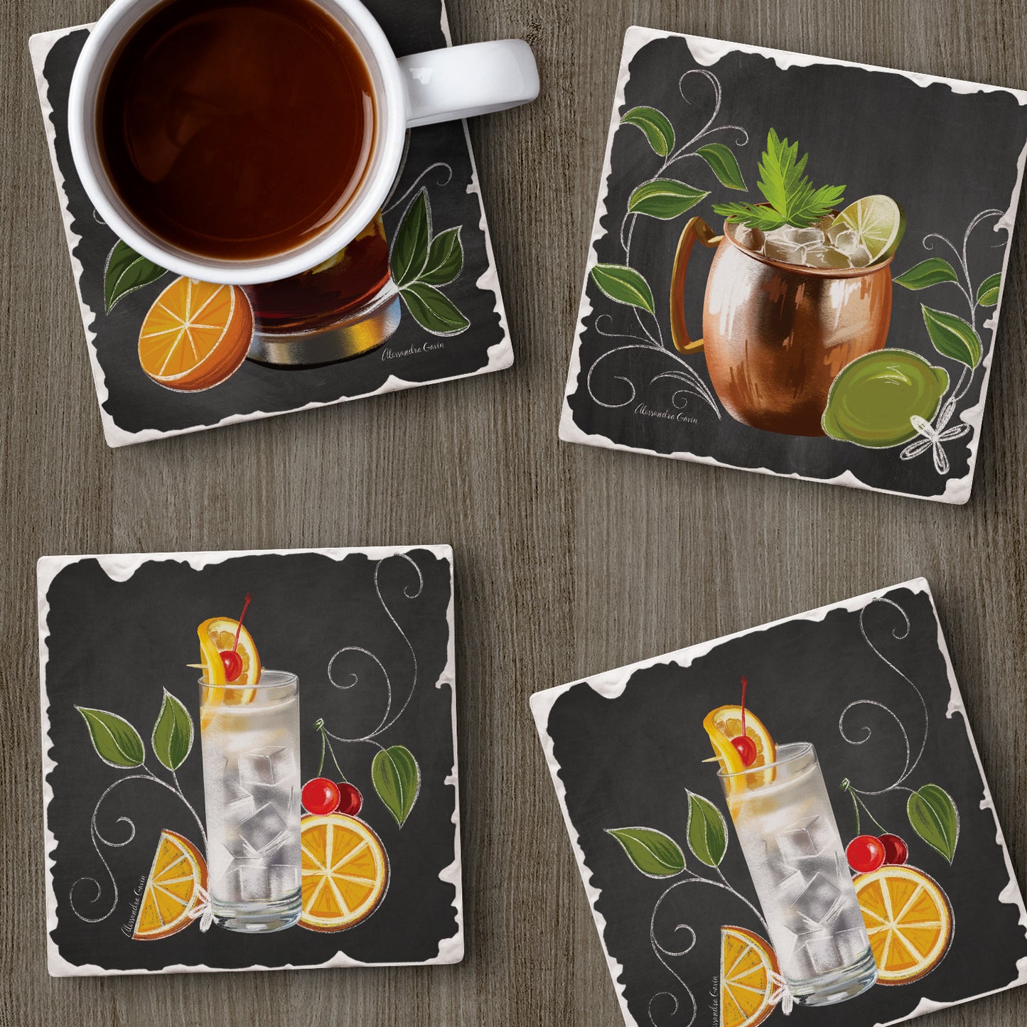 Thirstystone Crafty Cocktails 4-Pack Tumbled Tile Stone Coasters 4" Square