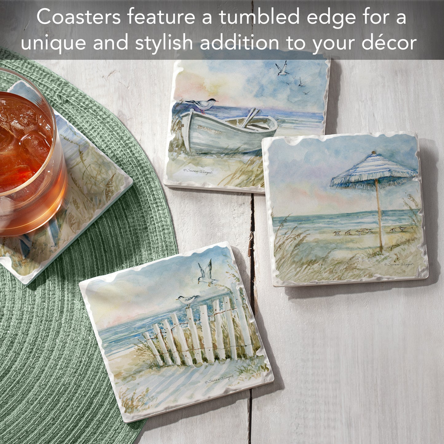 Thirstystone Coastal Sanctuary 4 Pack Assorted Tumbled Tile Stone Coasters 4" Square