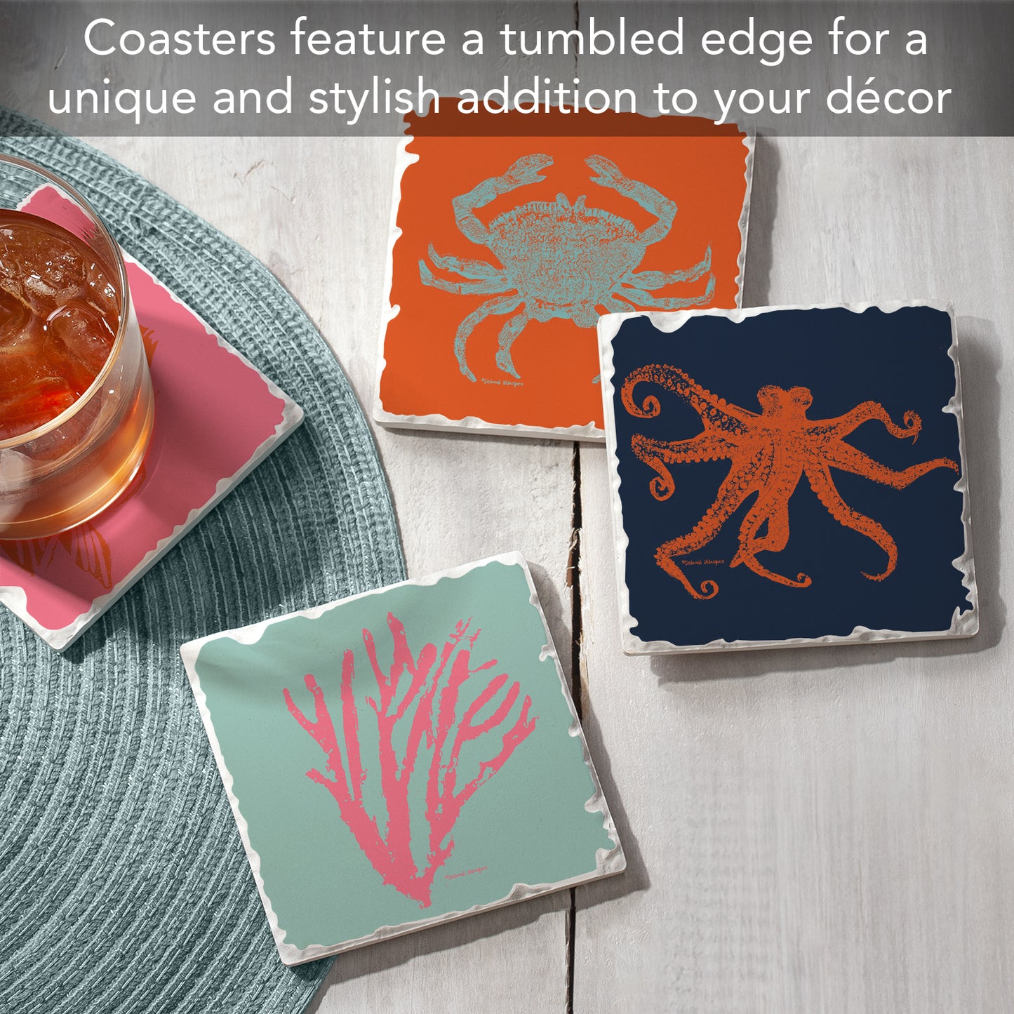 Thirstystone Coastal Culture 4-Pack Tumbled Tile Stone Coasters 4" Square