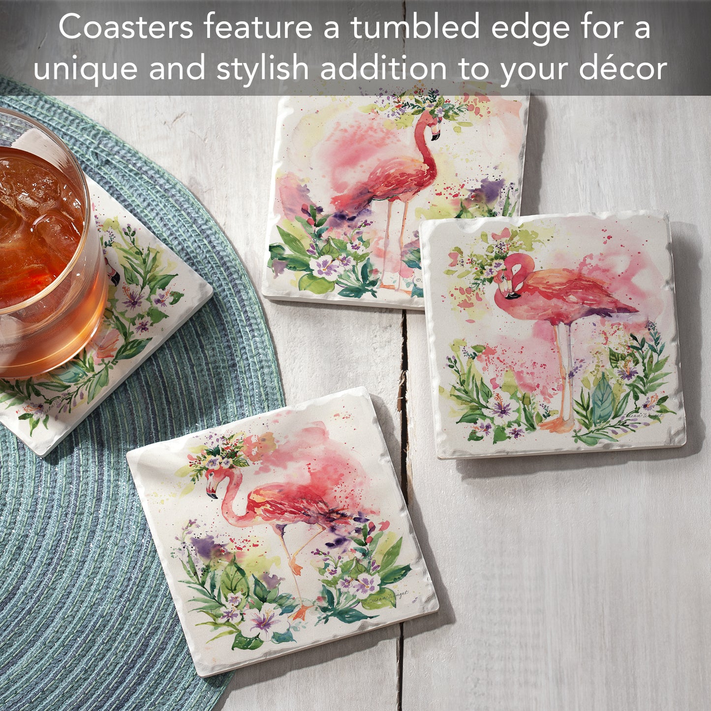 Thirstystone Floral Flamingos 4 Pack Assorted Tumbled Tile Stone Coasters 4" Square