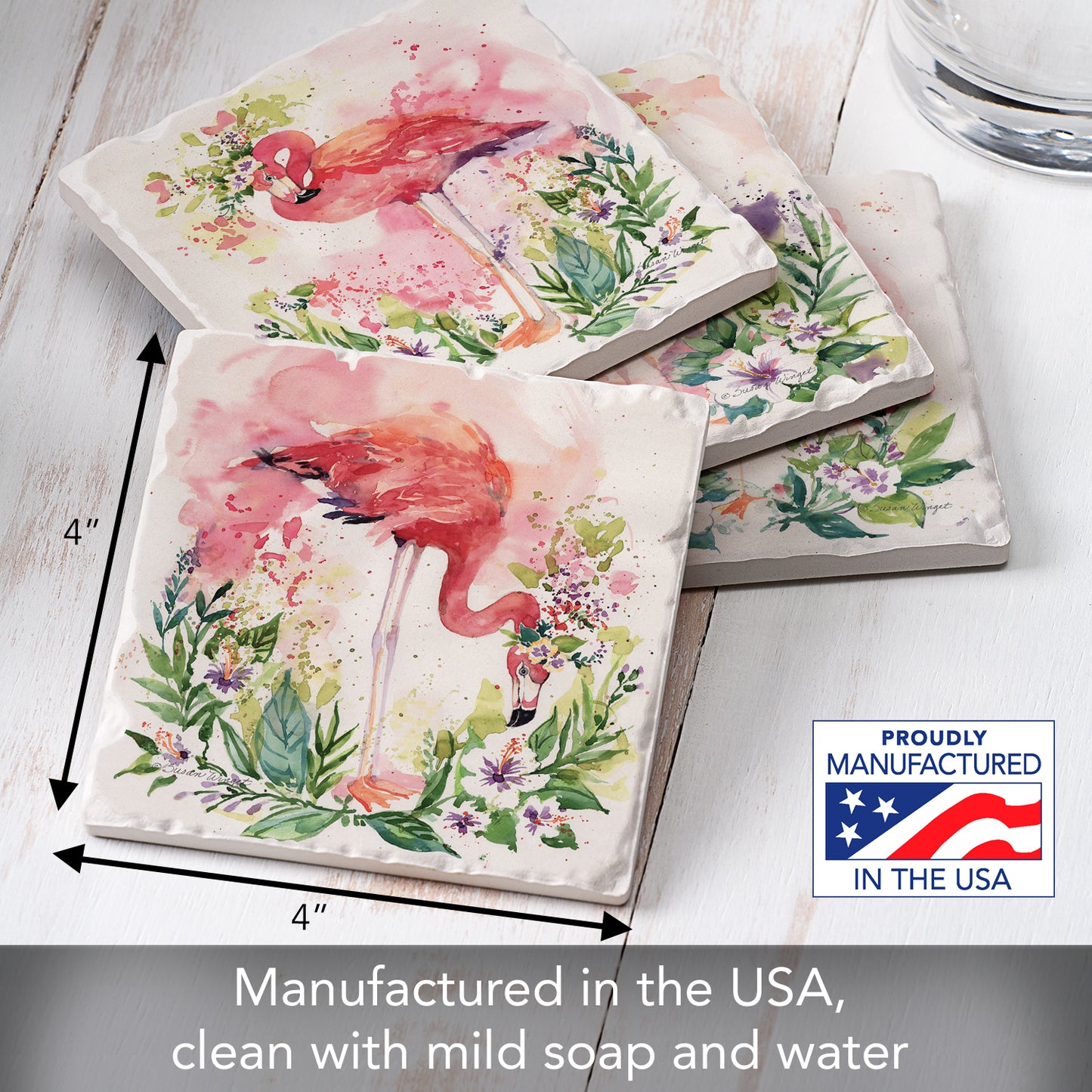 Thirstystone Floral Flamingos 4 Pack Assorted Tumbled Tile Stone Coasters 4" Square