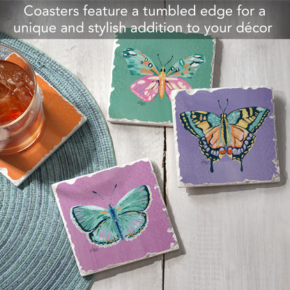 Thirstystone Butterfly Beauties 4 Pack Assorted Tumbled Tile Stone Coasters 4" Square