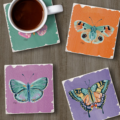 Thirstystone Butterfly Beauties 4 Pack Assorted Tumbled Tile Stone Coasters 4" Square