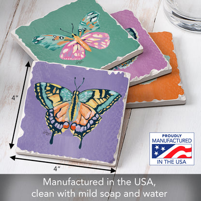Thirstystone Butterfly Beauties 4 Pack Assorted Tumbled Tile Stone Coasters 4" Square